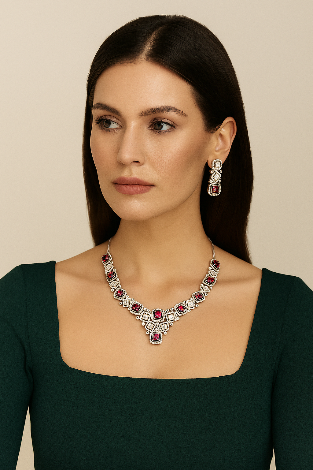Crimson Royalty Diamond Look Necklace Set